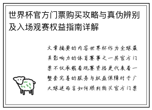 世界杯官方门票购买攻略与真伪辨别及入场观赛权益指南详解